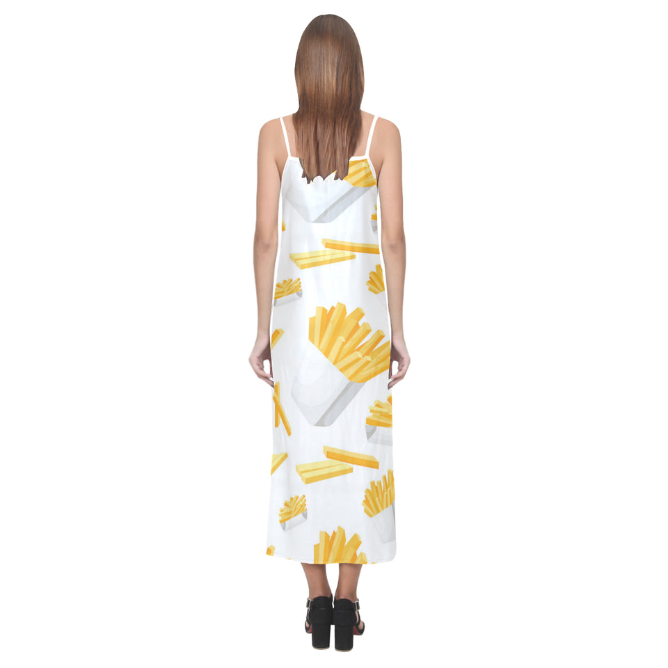 French fries white paper box pattern V-Neck Open Fork Long Dress