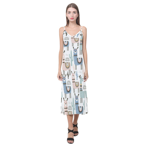 lama Alpaca cactus hand drawn pattern V-Neck Open Fork Long Dress