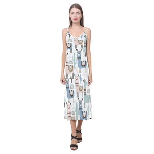 lama Alpaca cactus hand drawn pattern V-Neck Open Fork Long Dress
