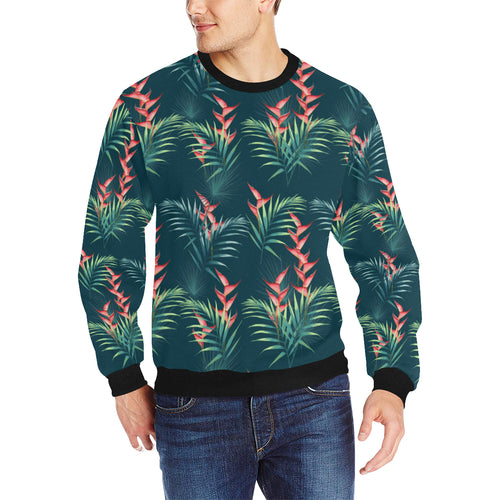 heliconia flowers, palm and monstera leaves on bla Men's Crew Neck Sweatshirt