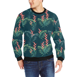 heliconia flowers, palm and monstera leaves on bla Men's Crew Neck Sweatshirt