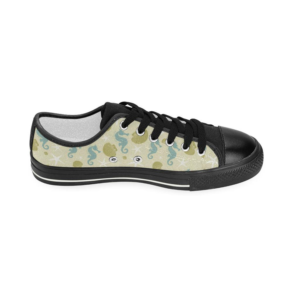 Seahorse shell starfish pattern background Kids' Boys' Girls' Low Top Canvas Shoes Black