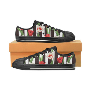 red and white tulips pattern Kids' Boys' Girls' Low Top Canvas Shoes Black
