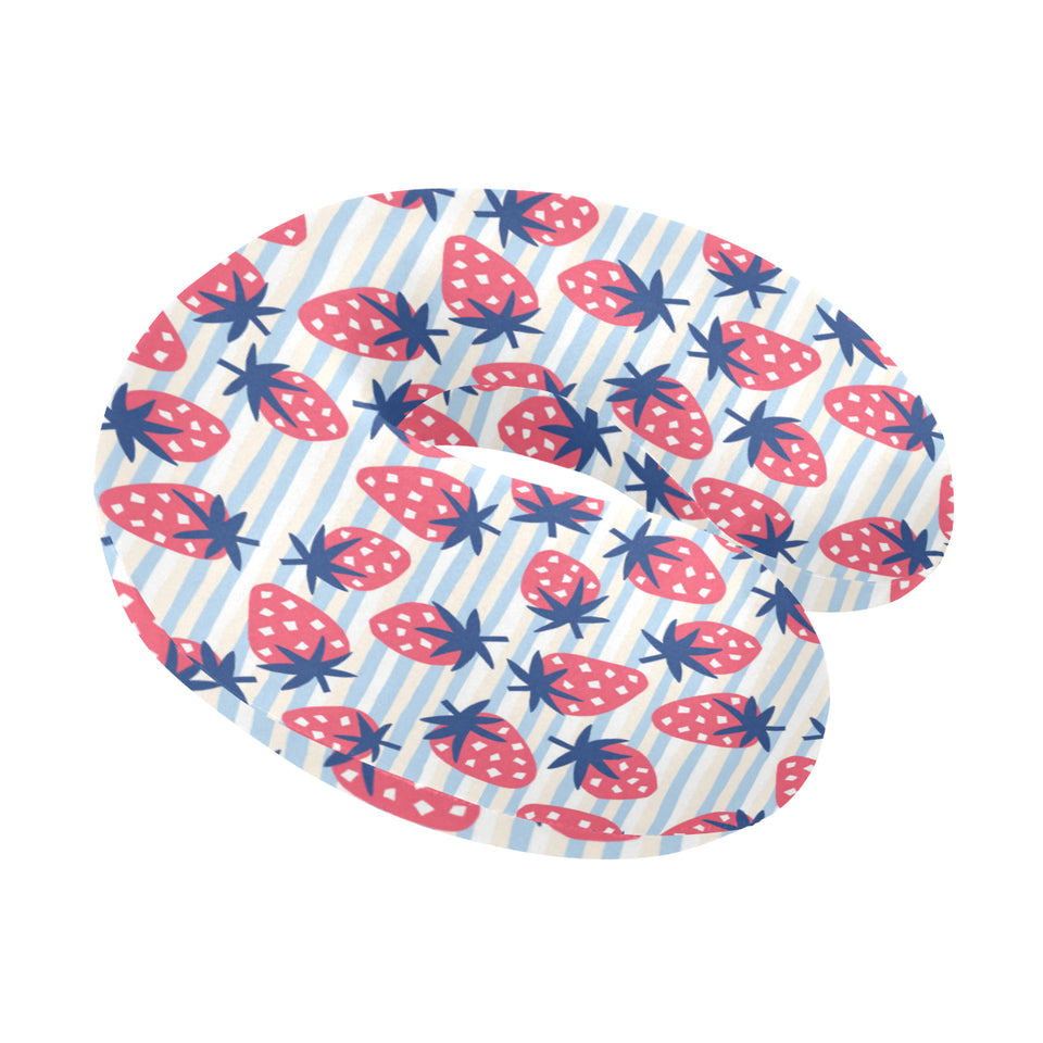 Strawberry pattern blue lines background U-Shaped Travel Neck Pillow