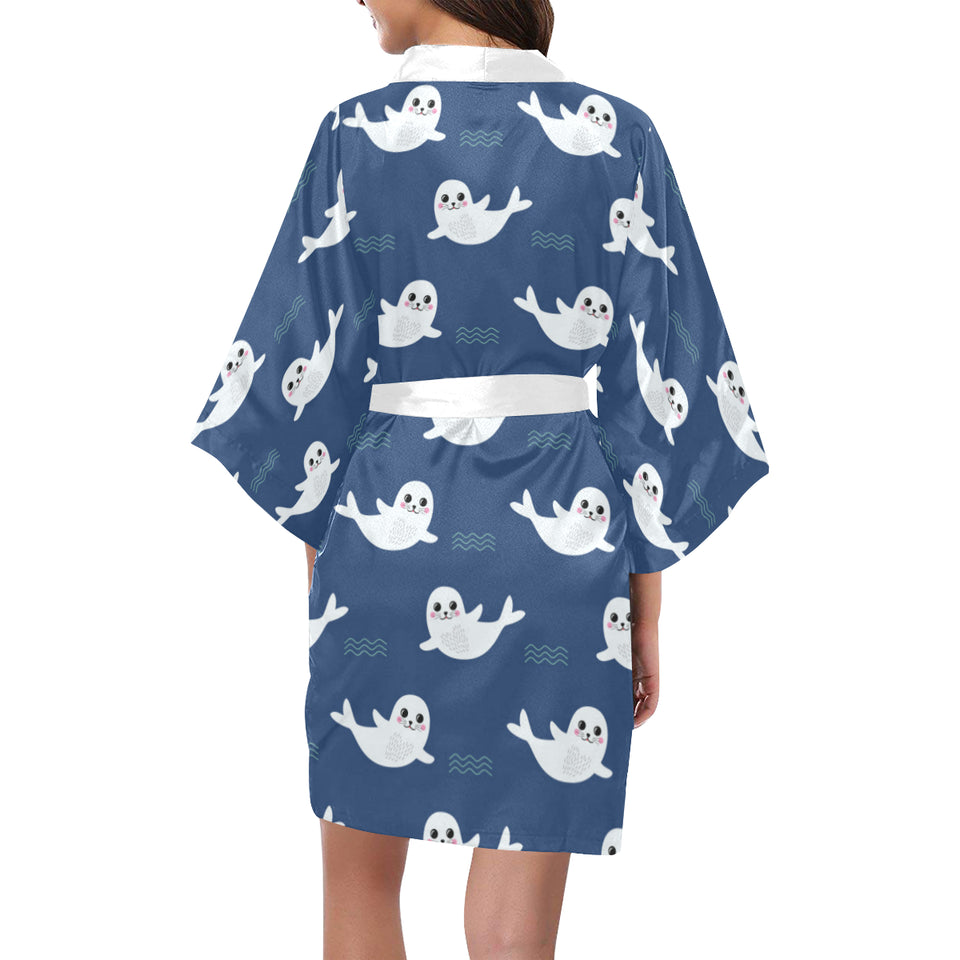 Cute white baby sea lion seal pattern Women's Short Kimono Robe