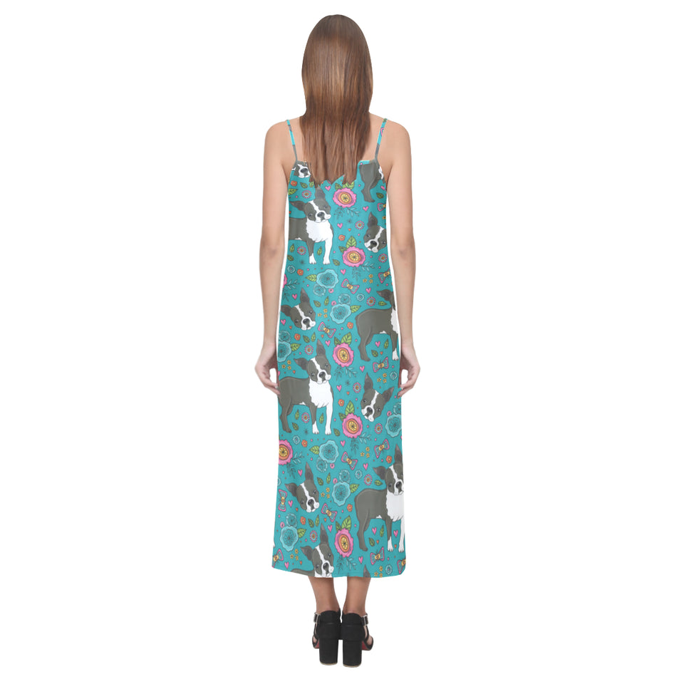 Boston terrier beautiful flower pattern V-Neck Open Fork Long Dress