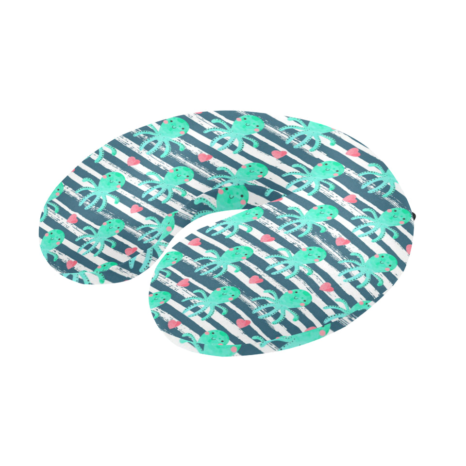 Cute octopuses heart striped background U-Shaped Travel Neck Pillow
