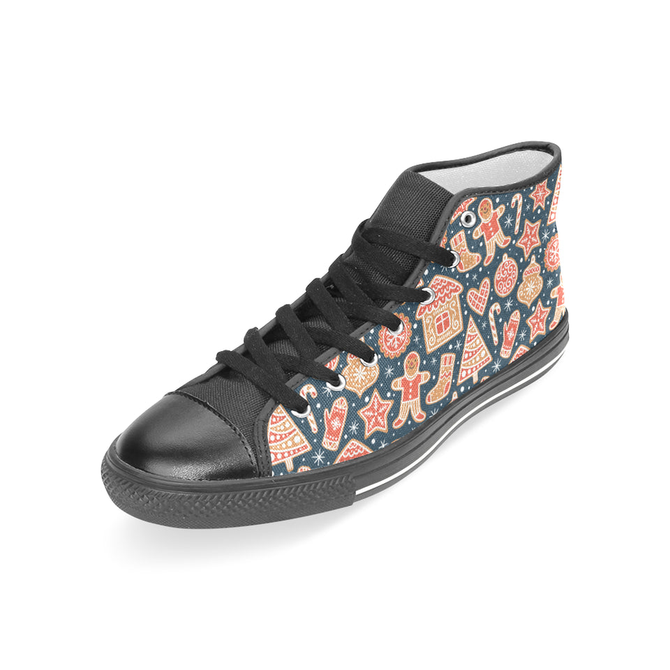 Christmas gingerbread cookie pattern Women's High Top Canvas Shoes Black