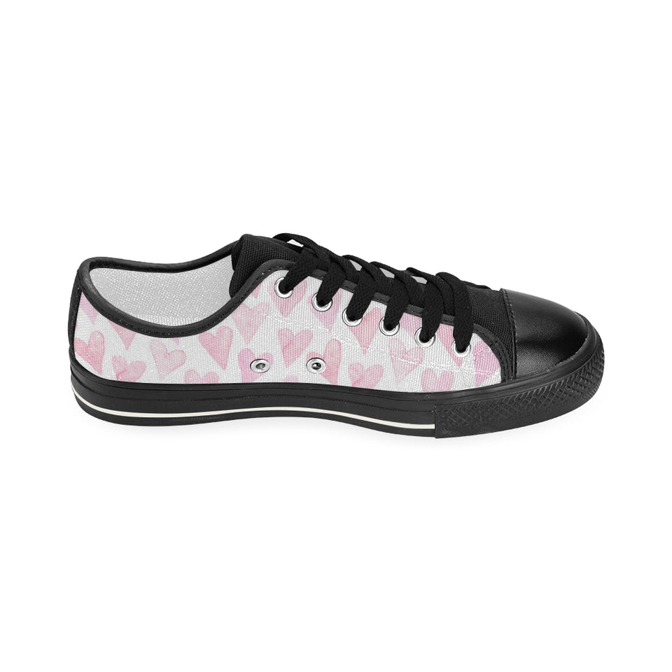 Watercolor pink heart pattern Women's Low Top Canvas Shoes Black