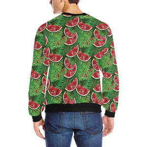 Watermelons tropical palm leaves pattern backgroun Men's Crew Neck Sweatshirt