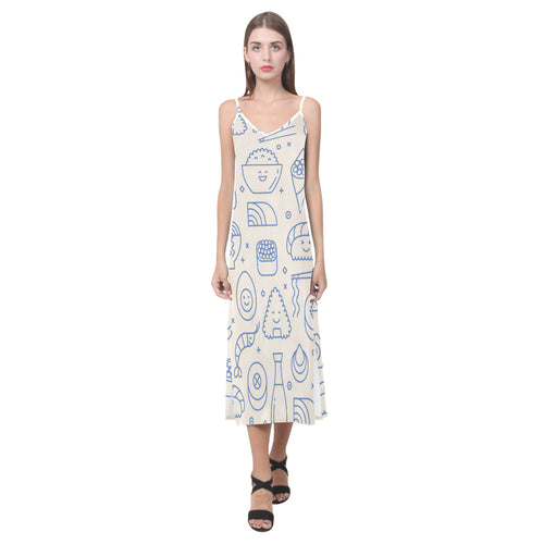 Cute sushi icon pattern V-Neck Open Fork Long Dress