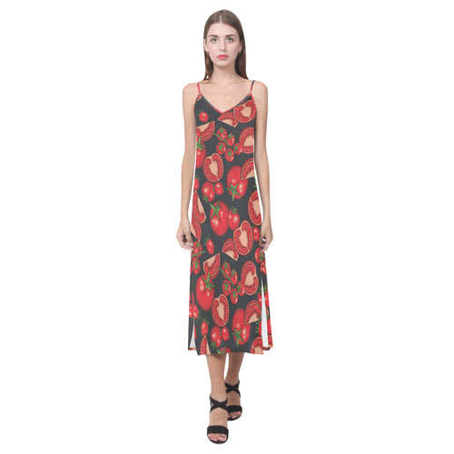 Tomato black background V-Neck Open Fork Long Dress