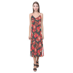 Tomato black background V-Neck Open Fork Long Dress