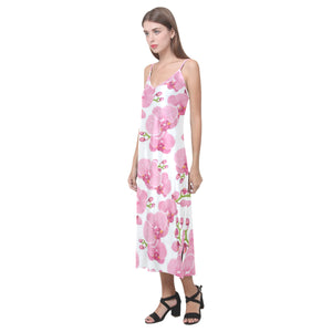 pink purple orchid pattern background V-Neck Open Fork Long Dress