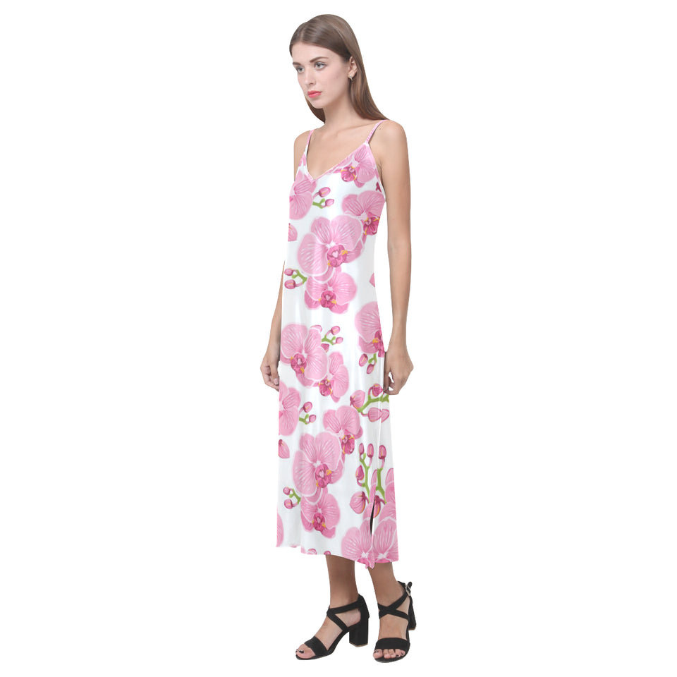pink purple orchid pattern background V-Neck Open Fork Long Dress