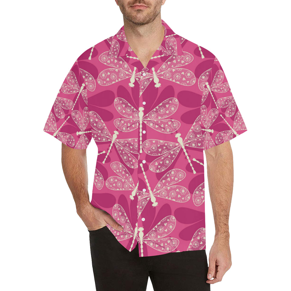 Beautiful dragonfly pink background Men's All Over Print Hawaiian Shirt