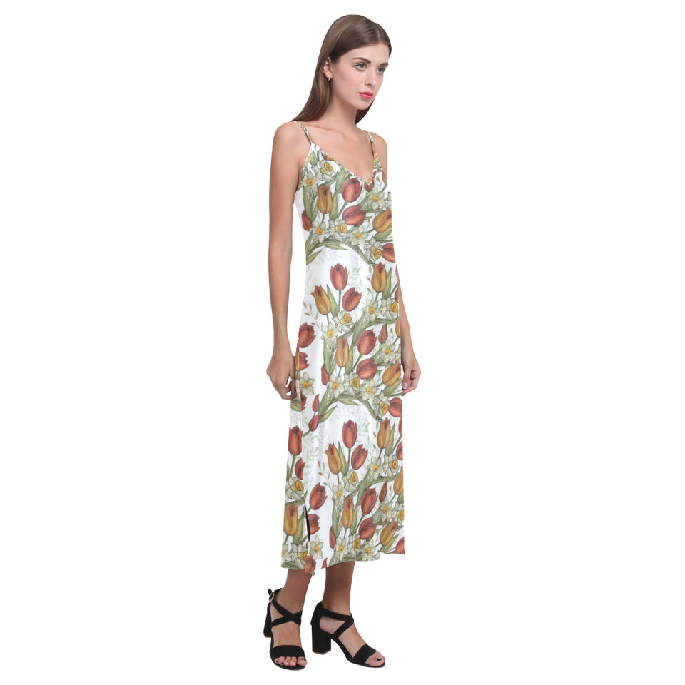 Red tulips and daffodils pattern V-Neck Open Fork Long Dress