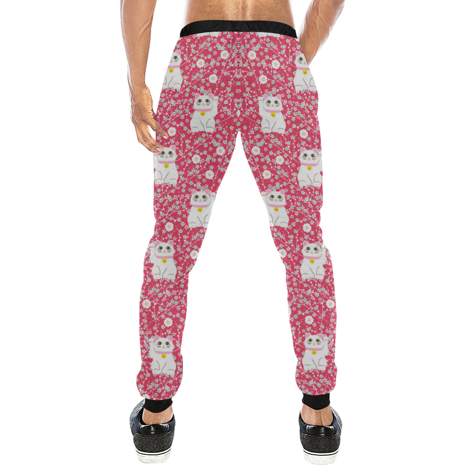 Maneki neko cat sakura pink background Unisex Casual Sweatpants
