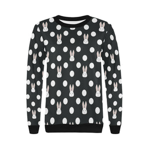 Cute white rabbit polka dots black background Women's Crew Neck Sweatshirt