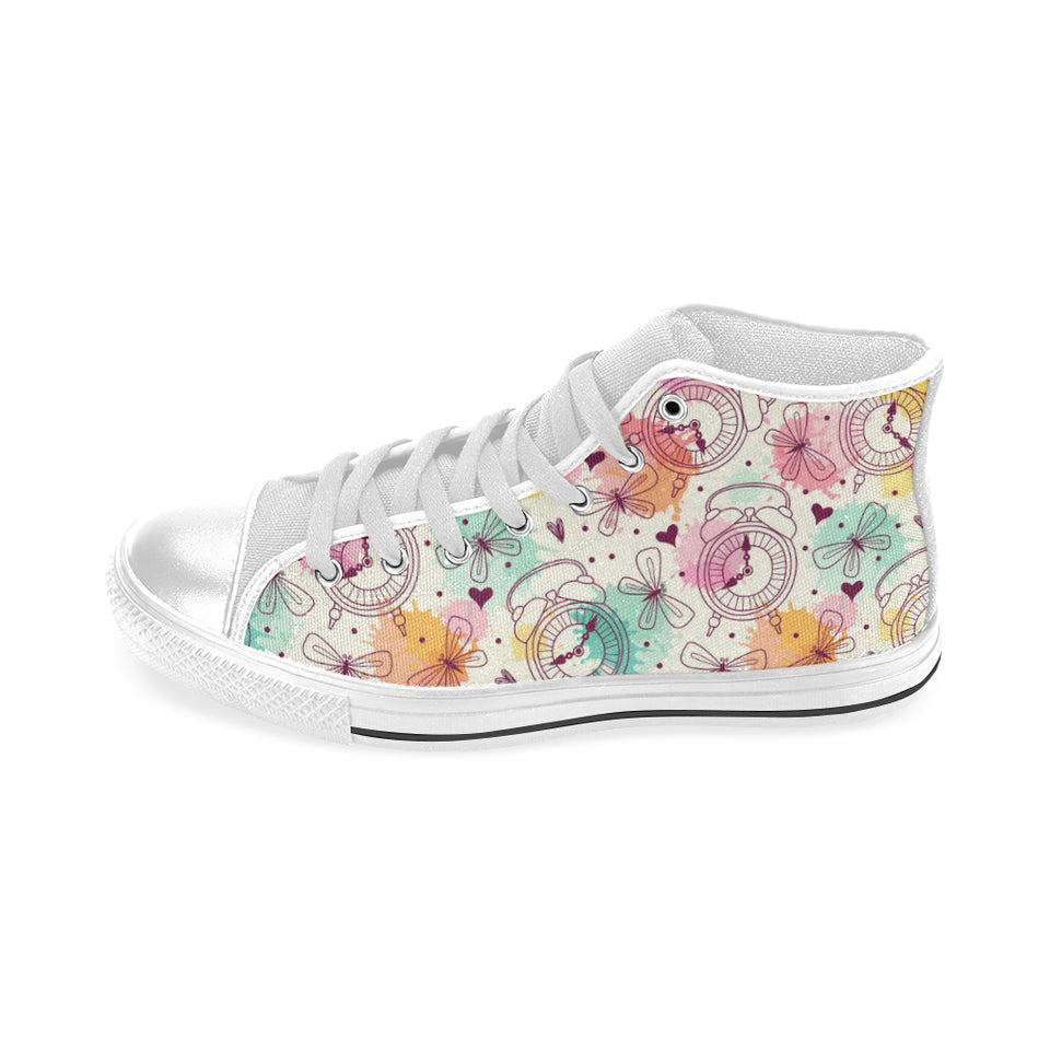 Clock butterfly pattern Men's High Top Canvas Shoes White