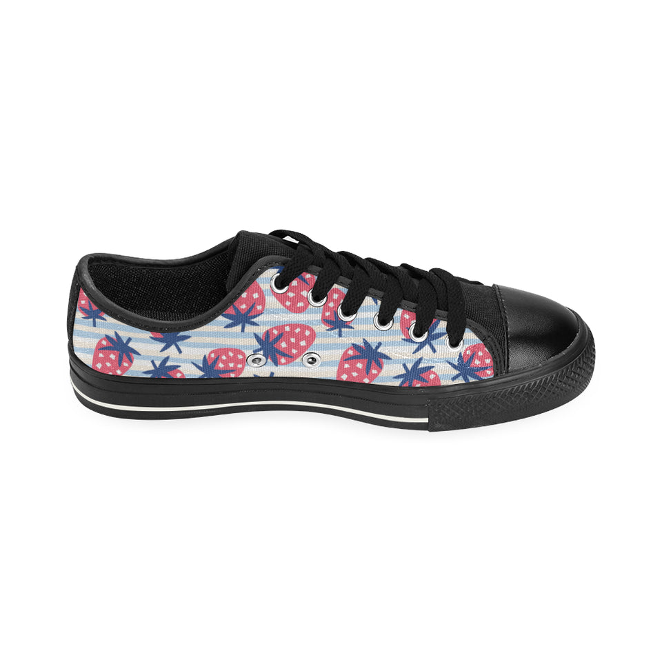 Strawberry pattern blue lines background Men's Low Top Canvas Shoes Black