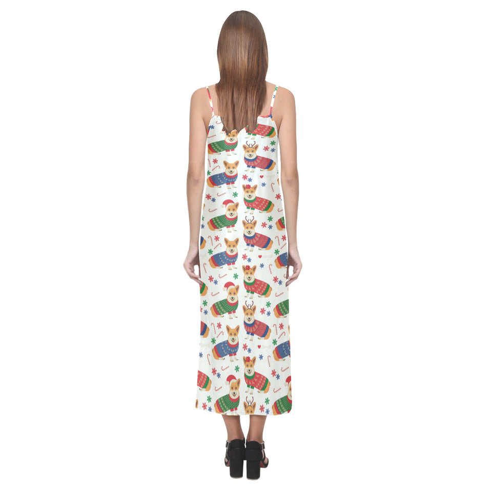 Corgi Christmas Pattern V-Neck Open Fork Long Dress