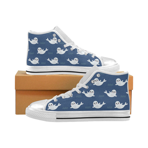 Cute white baby sea lion seal pattern Women's High Top Canvas Shoes White