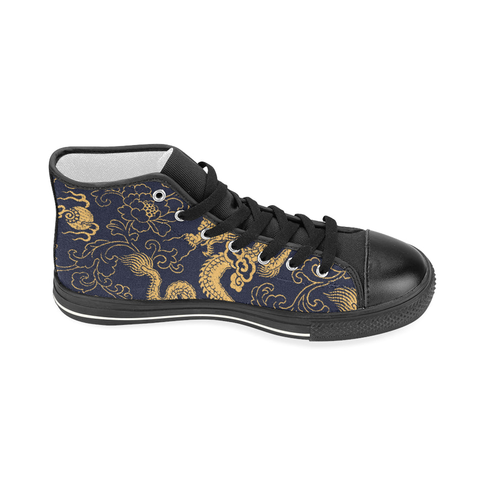 Gold dragon pattern Women's High Top Canvas Shoes Black