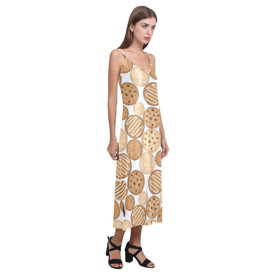 Various cookie pattern V-Neck Open Fork Long Dress