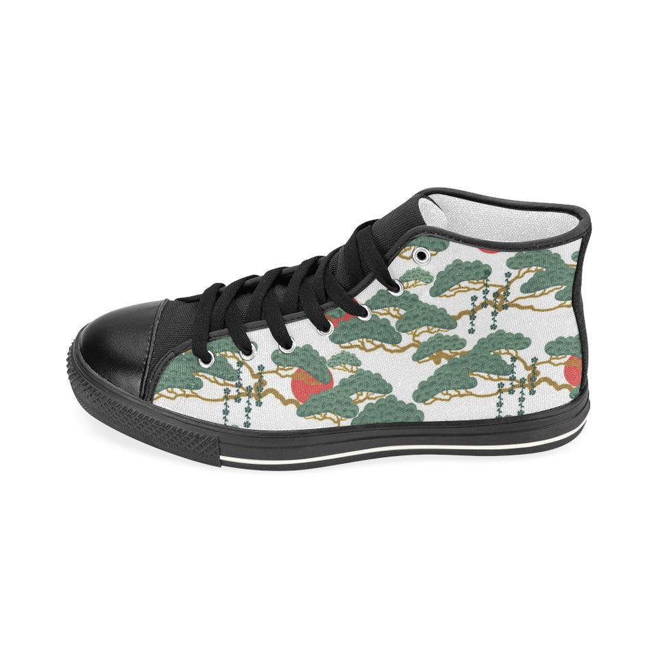 Bonsai red sun japanese pattern Women's High Top Canvas Shoes Black