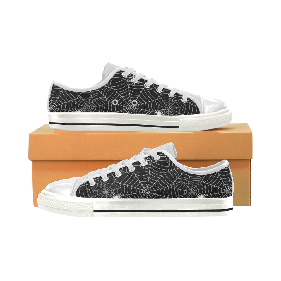 Spider web design pattern Black background white c Women's Low Top Canvas Shoes White