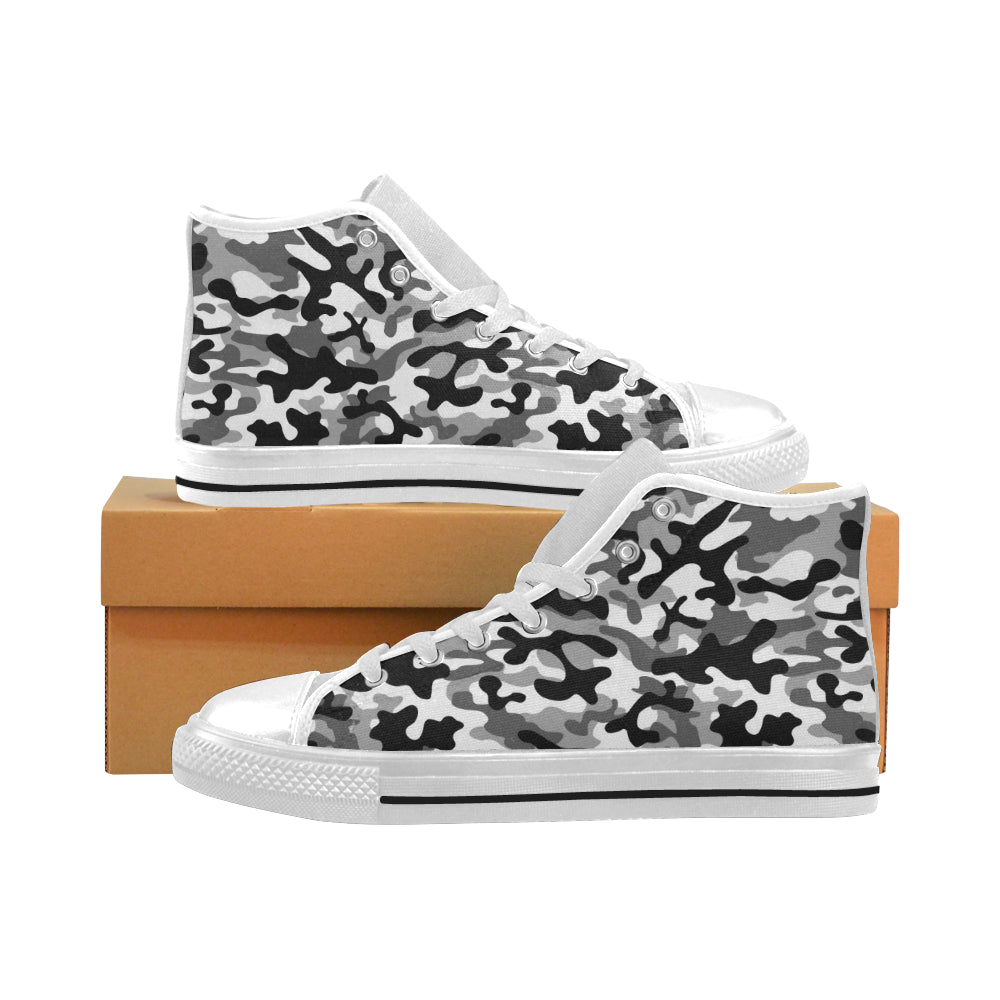 Black white camouflage pattern Men's High Top Canvas Shoes White