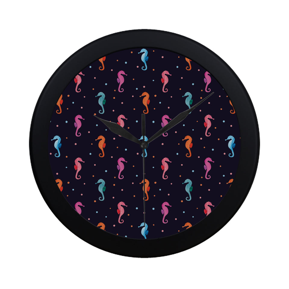 Watercolor colorful seahorse pattern Elegant Black Wall Clock