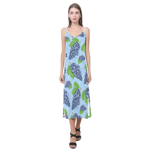 Watercolor grape pattern V-Neck Open Fork Long Dress