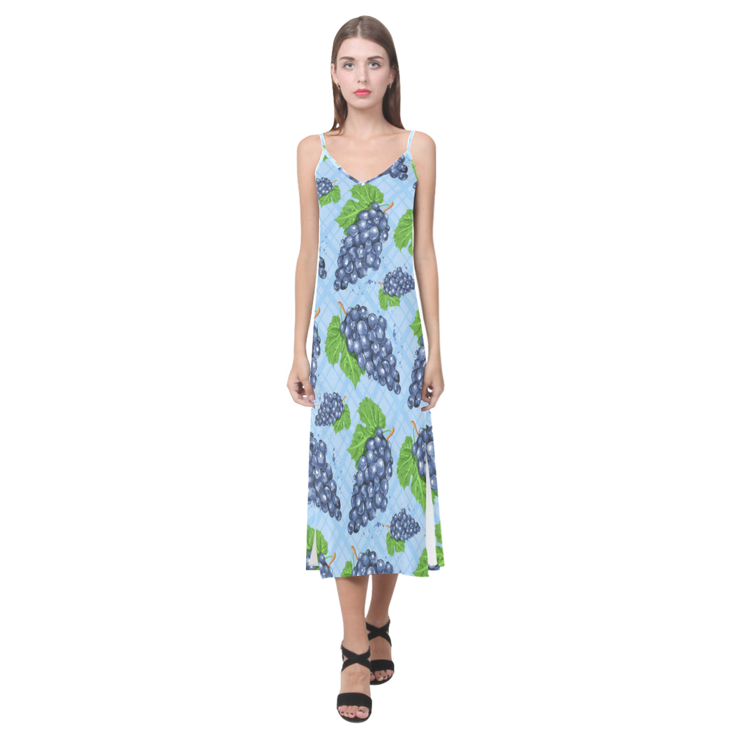 Watercolor grape pattern V-Neck Open Fork Long Dress