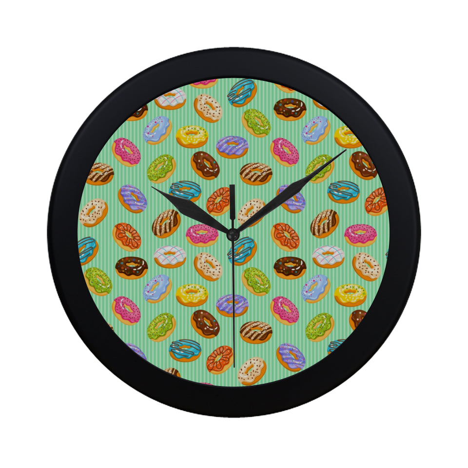 Colorful donut pattern green background Elegant Black Wall Clock