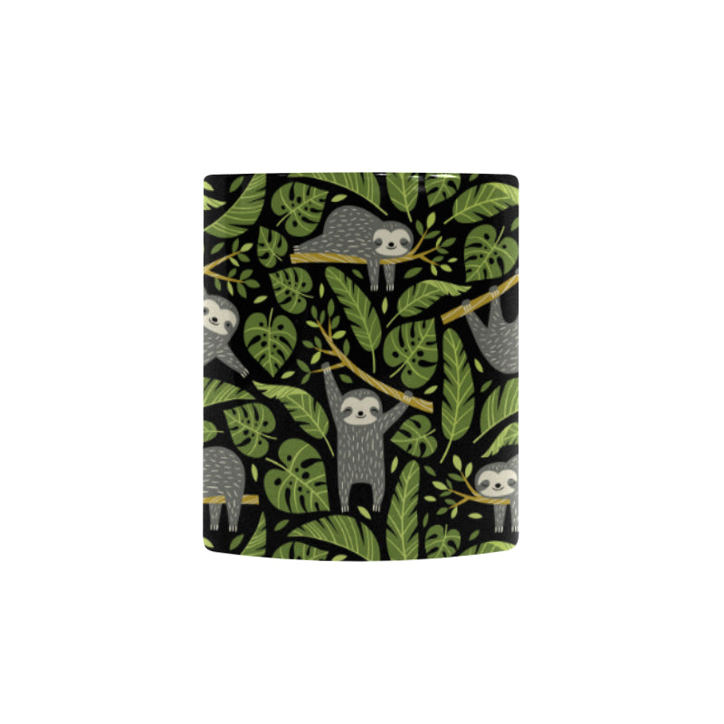 Cute sloths tropical palm leaves black background Morphing Mug Heat Changing Mug