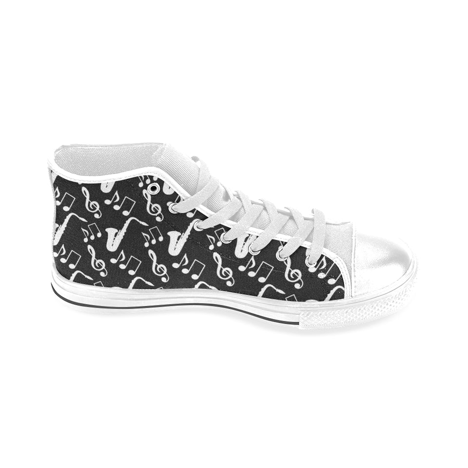Saxophone music notes treble clef black white them Men's High Top Canvas Shoes White
