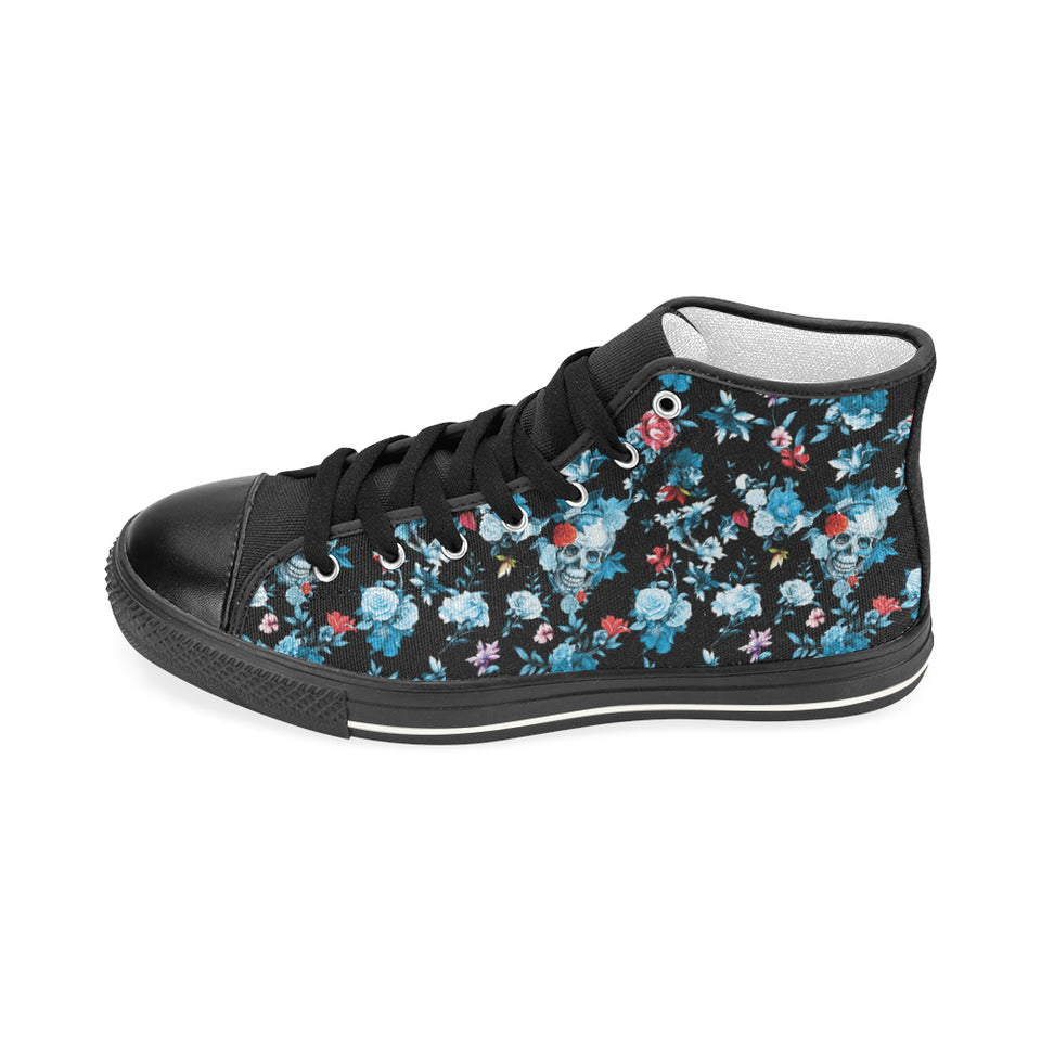 Skull flower roses leave pattern Women's High Top Canvas Shoes Black