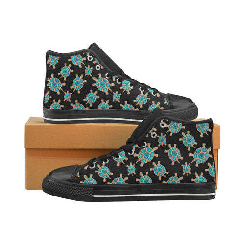 Sea turtle blue stone pattern Women's High Top Canvas Shoes Black