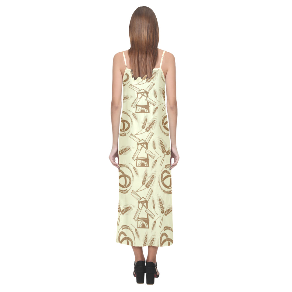 Windmill Wheat pattern V-Neck Open Fork Long Dress
