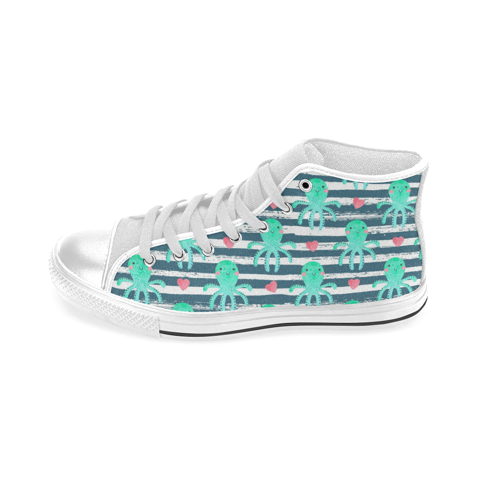 Cute octopuses heart striped background Men's High Top Canvas Shoes White