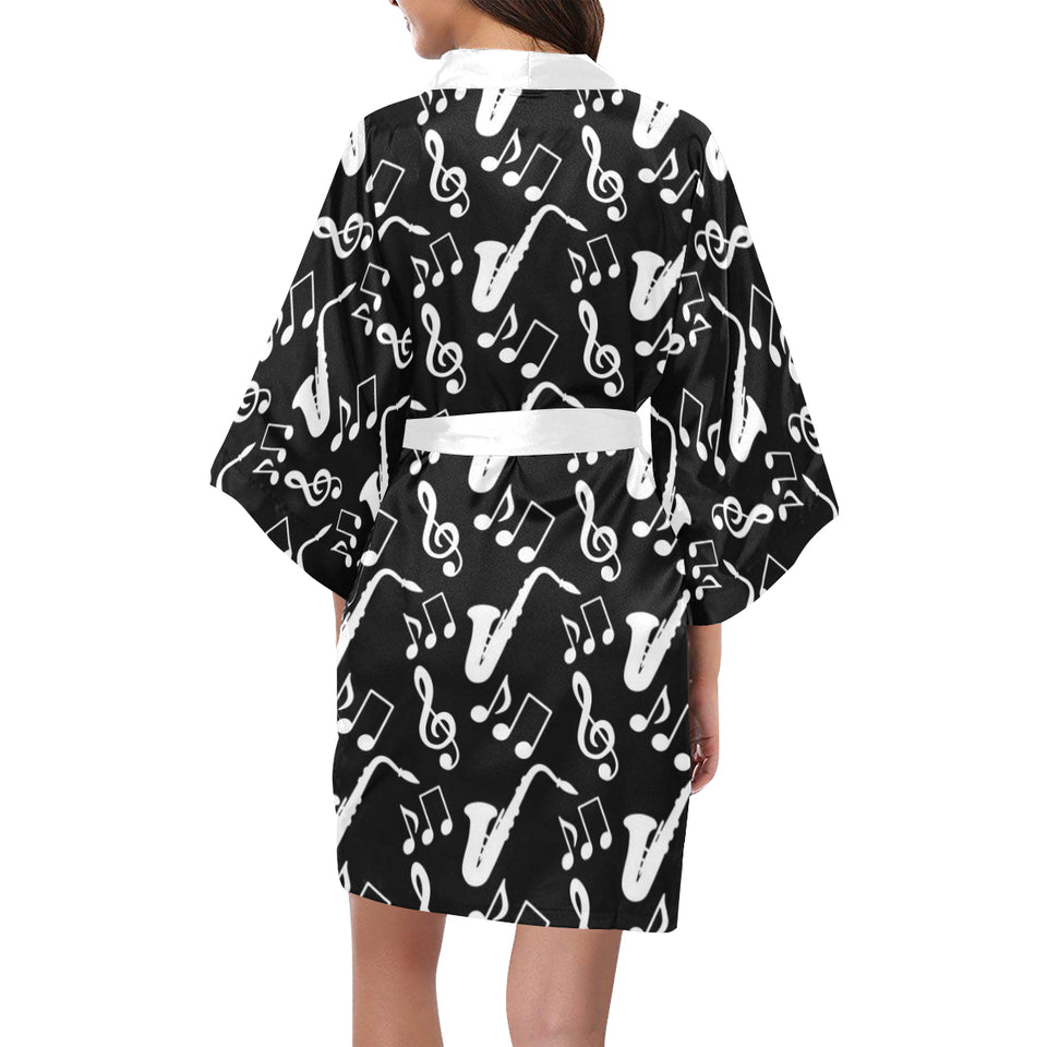 Saxophone music notes treble clef black white them Women's Short Kimono Robe
