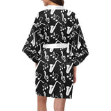 Saxophone music notes treble clef black white them Women's Short Kimono Robe