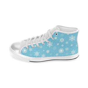 Snowflake pattern blue background Women's High Top Canvas Shoes White