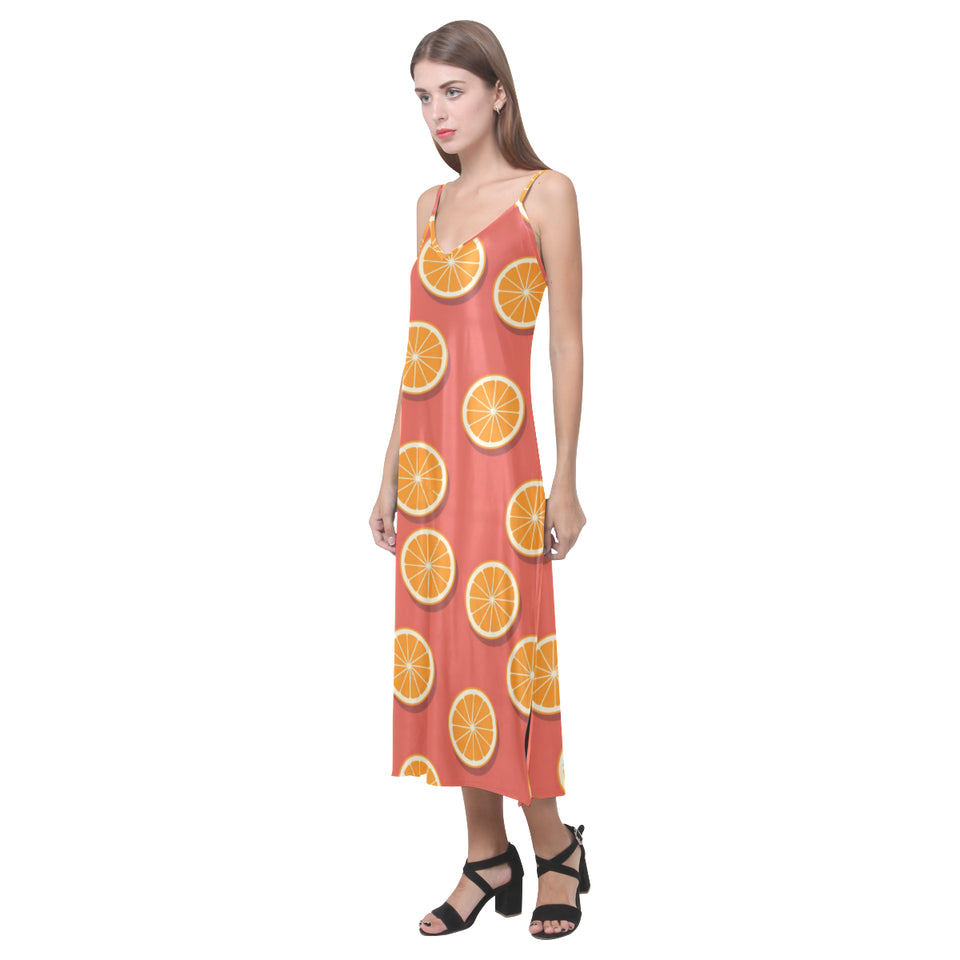 Oranges pattern red background V-Neck Open Fork Long Dress