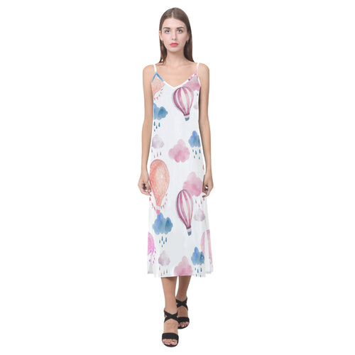 Watercolor air balloon cloud pattern V-Neck Open Fork Long Dress