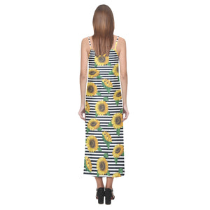 sunflowers ribbon background V-Neck Open Fork Long Dress