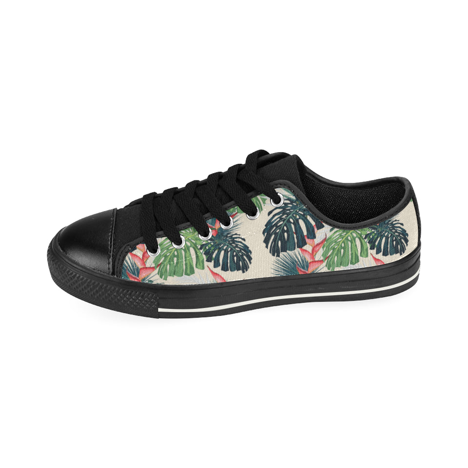 heliconia flowers, palm and monstera leaves Men's Low Top Canvas Shoes Black
