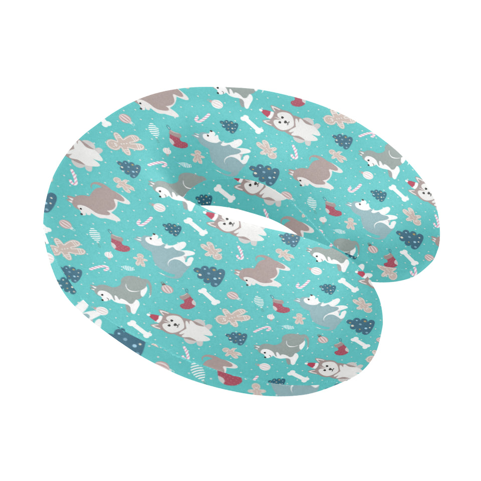 Christmas cute siberian husky puppie pattern U-Shaped Travel Neck Pillow